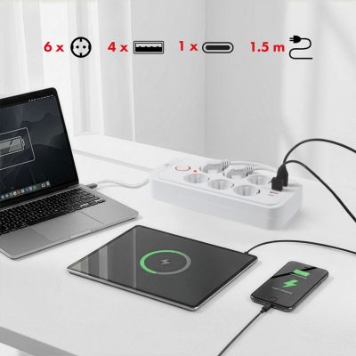 8. MACLEAN POWER STRIP, EXTENSION CORD 6 OUTLETS + 4XUSB, 110-240V AC 50/60HZ, 2.1A MAX 2500W, 1.5M, WHITE MCE389W