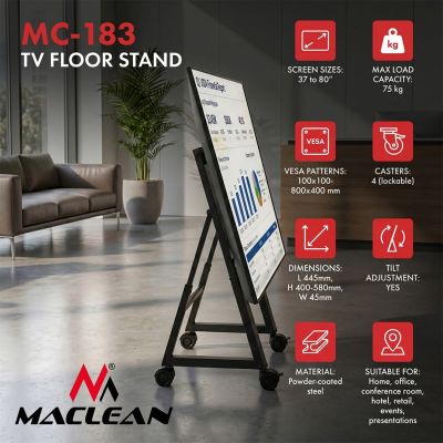 13. Maclean TV trolley/floor stand, 37-80", max. VESA 800x400, max. 75kg, mobile, wheel lock, MC-183