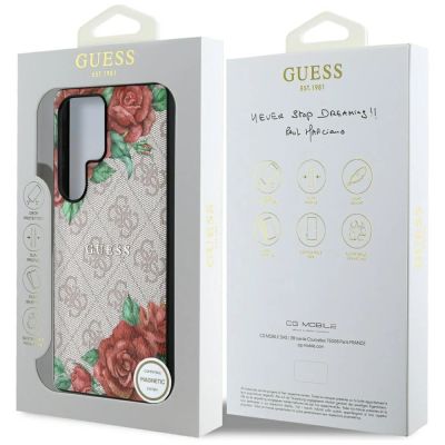 8. Guess Leather 4G Flowers Print Metal Classic Logo MagSafe Case for Samsung Galaxy S25 Ultra - Pink