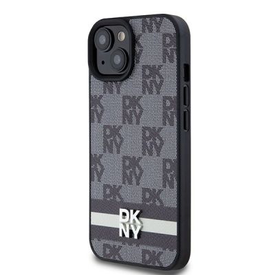 2. DKNY Leather Checkered Mono Pattern & Printed Stripes Case for iPhone 15/14/13 - Black