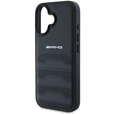 6. AMG Leather Debossed Lines Black Logo iPhone 16 Case - Black