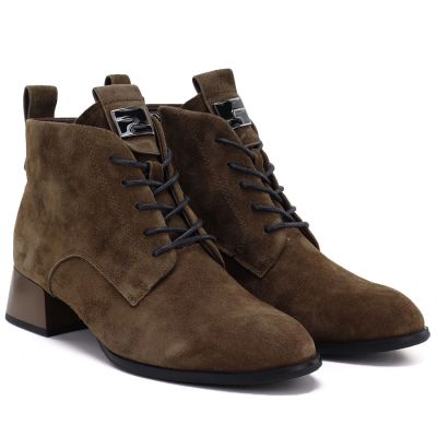 9. Women's leather ankle boots with heels, camel suede, Vinceza FIO27-67036