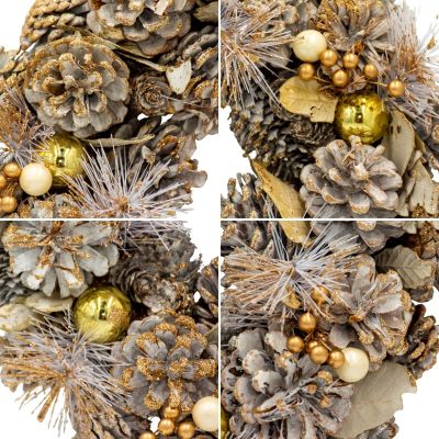 16. DECORATIVE WREATH 34 CM GOLD WITH PINES AND MICA BALLS