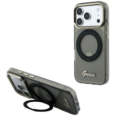 2. Guess IML Ring Stand 360 Script Metal Logo MagSafe Case for iPhone 17 Pro / 18 Pro - Black