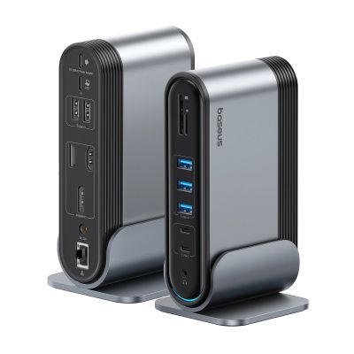 11. Baseus UnionJoy USB-C Docking Station 2xHDMI4K@60Hz 1xDP4K@60Hz 3xUSB-A3.0 2xUSB-C3.0 2xUSB-A2.0 1xRJ45 PD PC 1xSD+TF 1x3.5mm minijack - gray