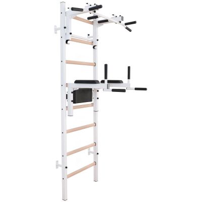 17. WOODEN AND METAL GYMNASTIC WALL BAR WITH BAR AND ACCESSORIES BENCHK 232W