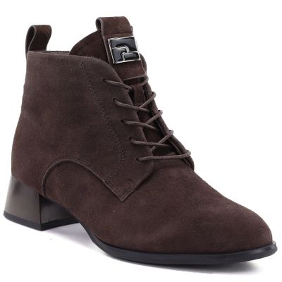 6. Women's leather ankle boots with high heels, suede, dark brown, Vinceza FIO27-67036