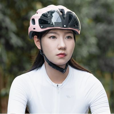 6. Rockbros Bike Helmet with Visor, Detachable UV Goggles, Detachable Visor, Unisex - Pink