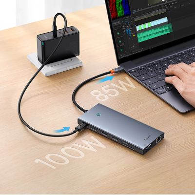 11. HUB Baseus PortalJoy Series 13in1 USB-C - 2x HDMI / DP / VGA / USB-A 3.1 / USB-C 3.1 / USB-A 2.0 / PD / RJ45 / SD / TF / AUX - gray
