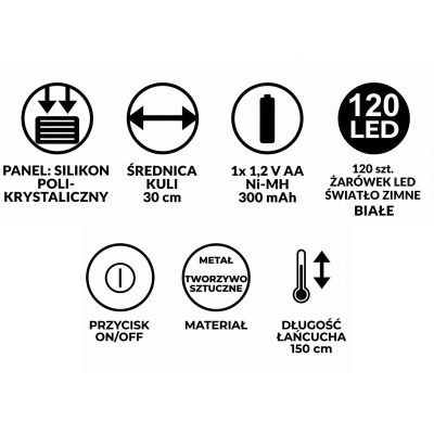 4. SOLAR HANGING LAMP BALL 30CM 120 LED COOL WHITE