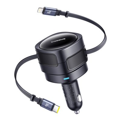 Baseus Enjoyment Max 60W Car Charger with Retractable USB-C and Lightning Cables - Black