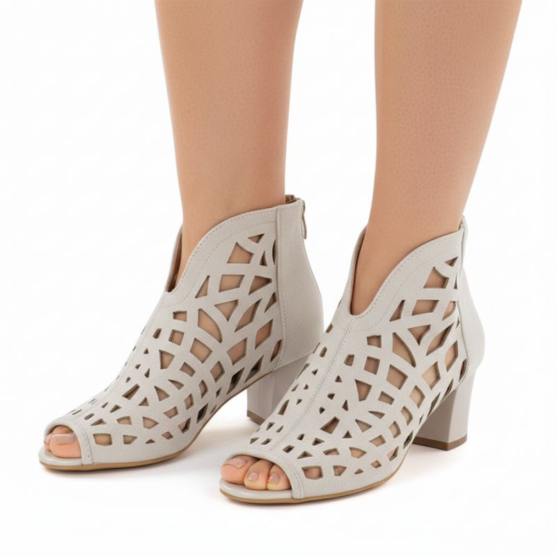 5. Women's suede ankle boots with openwork, open toe, beige M.Daszyński MR1954-15