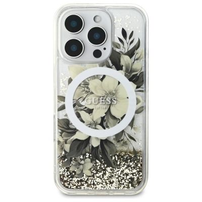 3. Guess Liquid Glitter Flower MagSafe iPhone 16 Pro Case - Beige