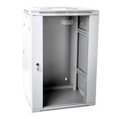 19" 18U wall-mounted network cabinet 600x600, glass door, gray, sectional, assembled, 60kg