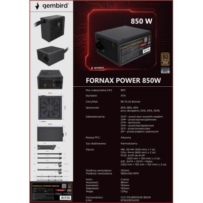14. GEMBIRD FORNAX POWER 80+ BRONZE ATX COMPUTER POWER SUPPLY, 850W, ACTIVE PFC, 12CM FAN