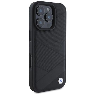 4. BMW Signature Leather Crossing Lines Pattern iPhone 16 Pro Case - Black