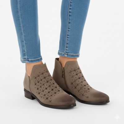 4. Women's suede ankle boots, openwork, dark beige, Vinceza 58626