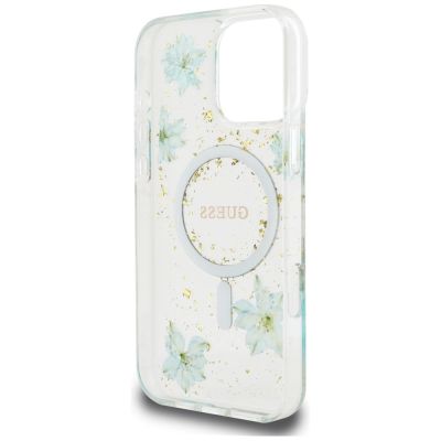 7. Guess Resin Flowers Glitter MagSafe iPhone 16 Pro Case - Clear Green
