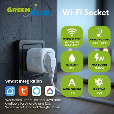 3. GREENBLUE REMOTE CONTROLLED WIFI SOCKET, ANDROID/IOS/ALEXA/GOOGLE HOME, TIMER, WATTMETER, MAX 16A/3840W GB735 W