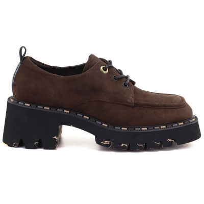 6. Women's leather moccasin shoes on a block heel, brown Artiker 59C0276