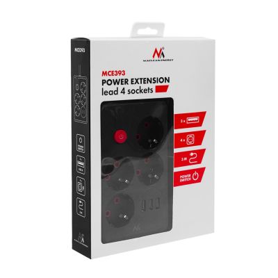 3. MACLEAN POWER STRIP, EXTENSION CORD 4 OUTLETS + 3XUSB, 110-240V AC 50/60HZ, 2.1A MAX 2500W, 3M, BLACK, MCE393 B