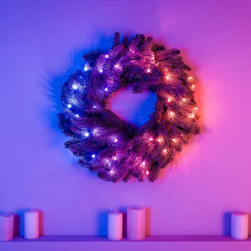 5. Twinkly Pre-lit Wreath – 50 RGB LEDs, Regal 24" green wire, Type C plug
