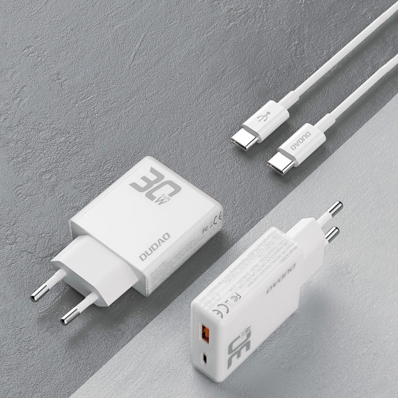 3. GaN Dudao A30EUT 30W USB-A / USB-C Wall Charger + USB-C - USB-C Cable - White