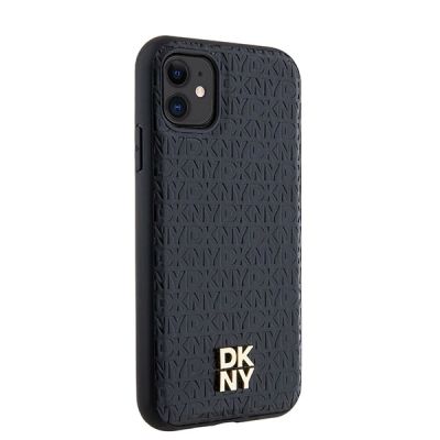 4. DKNY Leather Monogram Pattern Metal Logo MagSafe Case for iPhone 11 / Xr - Black