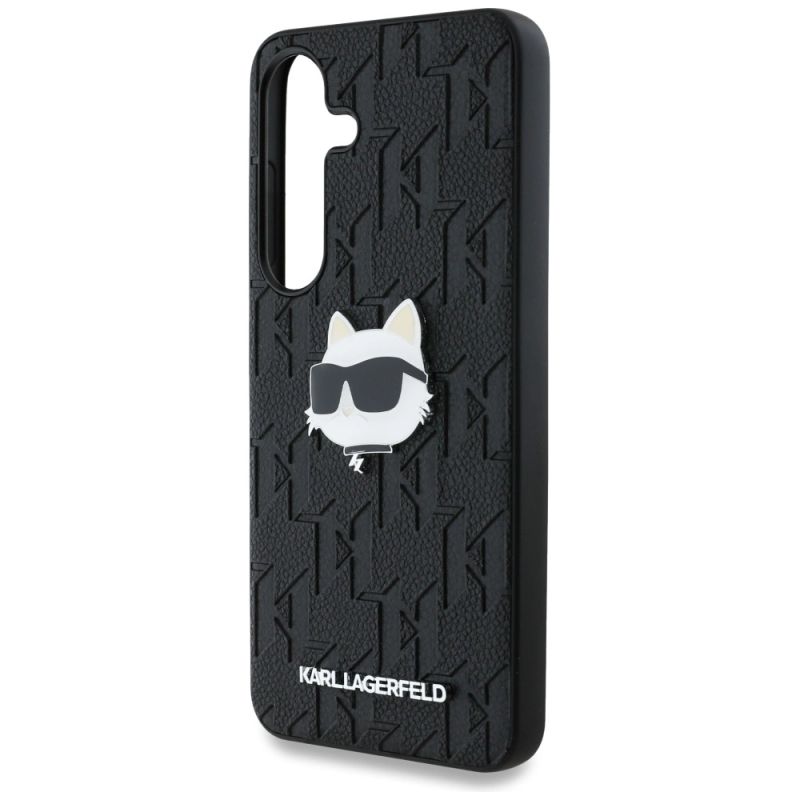 6. Karl Lagerfeld Leather Monogram Pin Logo Choupette Head Samsung Galaxy S25 Case Black