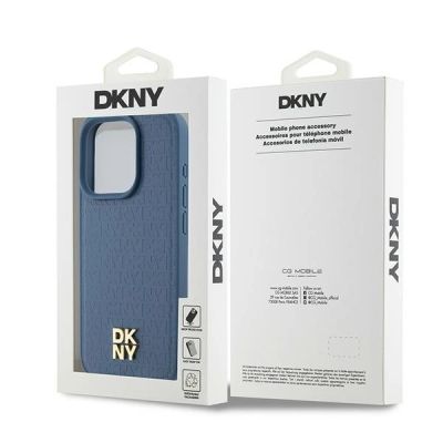 8. DKNY Leather Monogram Pattern Metal Logo MagSafe Case for iPhone 15 Pro - Blue