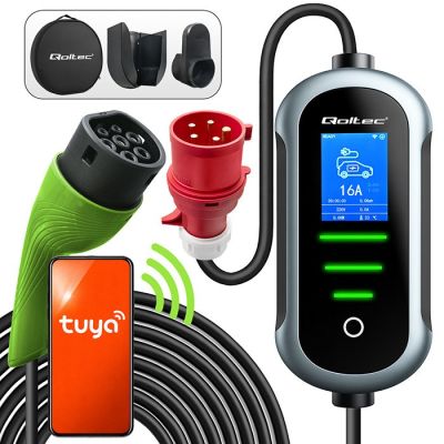 Qoltec Portable EV and Hybrid Vehicle Charger with 2-in-1 Adjustable Charging Type 2 | 11 kW | 400 V | CEE 16 A | Wi-Fi | TUYA | SMART LIFE | LCD | Portable | Wallbox | 5 m