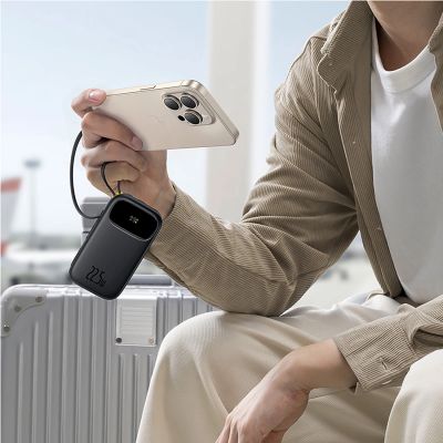 6. Baseus EnerFill FC31 20000mAh 22.5W Powerbank with Digital Display and 2 Built-in Cables (USB-C + Lightning) - Black