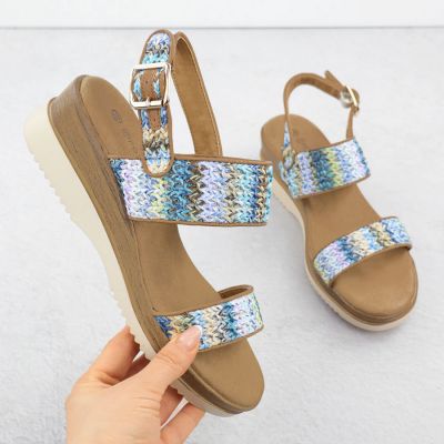 Women's wedge sandals, blue braided, Potocki 45302