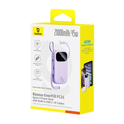 3. Baseus EnerFill FC31 20000mAh 45W Power Bank with Display with USB-C and Lightning Cables - Purple