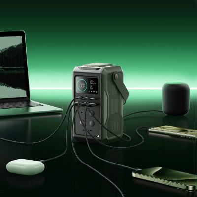 10. Powerbank Joyroom JR-PBF10 75000mAh 100W 3x USB-C 3x USB-A with foldable flashlight and handle - green