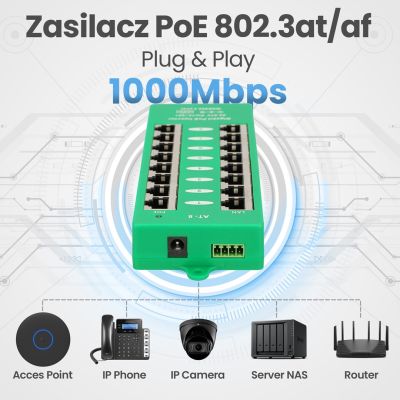 19. Extralink Gigabit PoE Injector 8 Port Active, 8 Gigabit 802.3at/af ports, Mode A