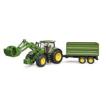 John Deere 7R 350 tractor with front loader and 2-axle trailer 03155 BRUDER