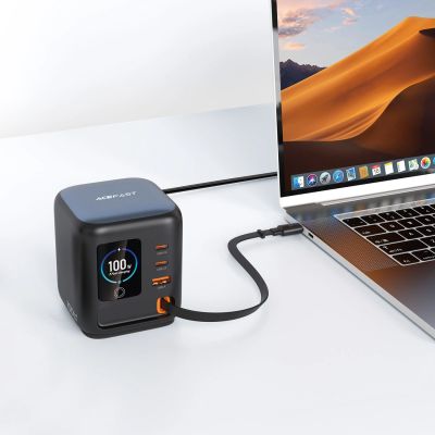 6. Acefast Z10 GaN 100W 3xUSB Desktop Charger with Retractable USB-C Cable and TFT Display - Black