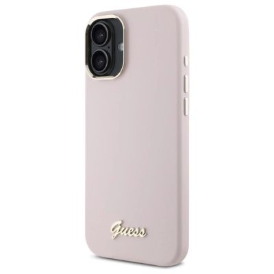2. Guess Silicone Script Metal Logo & Frame iPhone 16 Case - Pink