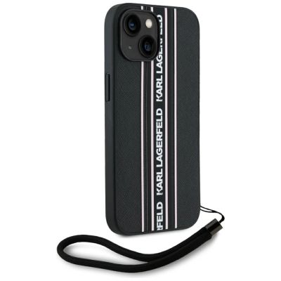3. Karl Lagerfeld Saffiano Athleisure Stripes Cord iPhone 15 Case - Pink