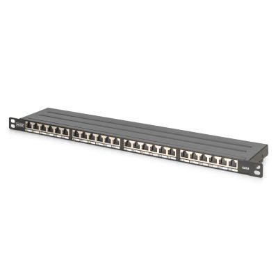 14. High density patch panel 19'' 24x RJ45, LSA level, cat.6, shielded, 0.5U, black, cable guide