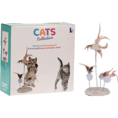 6. CAT TOY, FEATHERS ON SPRINGS ON A SCRATCHING POST BASE 14X33CM
