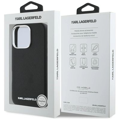 8. Karl Lagerfeld Saffiano Full Wrapped Elongated Metal Logo MagSafe Case for iPhone 16 Pro Max - Black