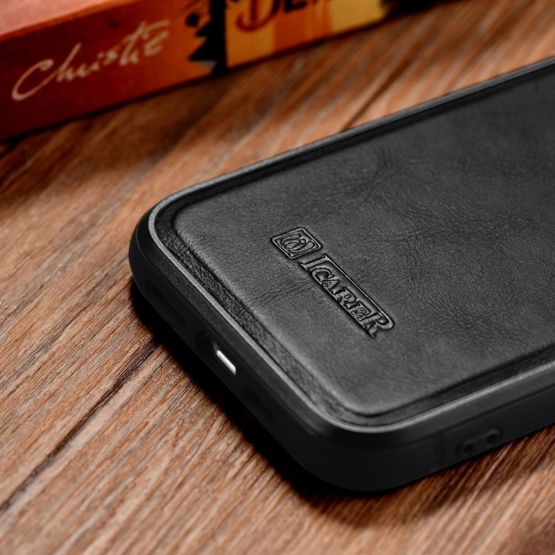 14. iCarer Leather Oil Wax case covered with natural leather for iPhone 14 Plus black (WMI14220719-BK)