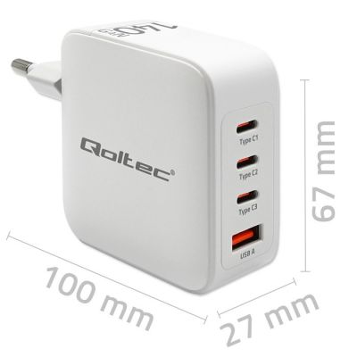 6. Qoltec 140W GaN Wall Charger | 5-20V | 2.5-5A | 3 x USB-C PD | 1 x USB QC 3.0 | White