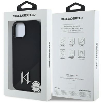 8. Karl Lagerfeld Silicone Shadow Metal Initial MagSafe Case for iPhone 15 Black