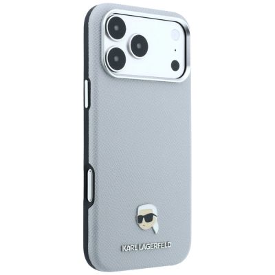 4. Karl Lagerfeld Grained Karl Head Metal MagSafe Case for iPhone 18 Pro / 17 Pro - Gray
