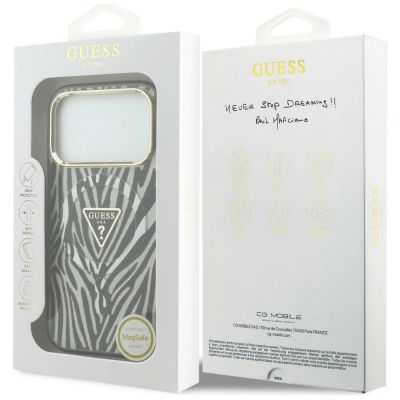 8. Guess IML Zebra Glitter Triangle Logo MagSafe Case for iPhone 17 Pro Max / 18 Pro Max - Silver