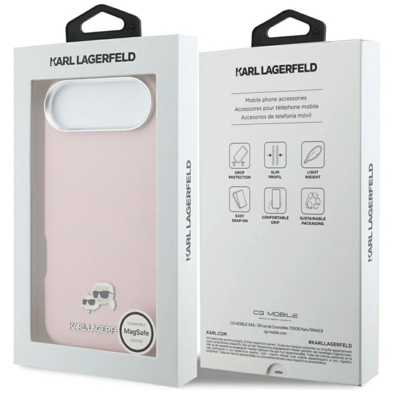 8. Karl Lagerfeld Karl & Choupette Head Pins Saffiano MagSafe iPhone Air Case - Pink