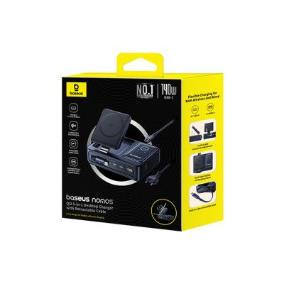 7. Baseus NOMOS 140W Qi2 5-in-1 Wireless Charging Station with Retractable USB-C Cable and Digital Display - Black